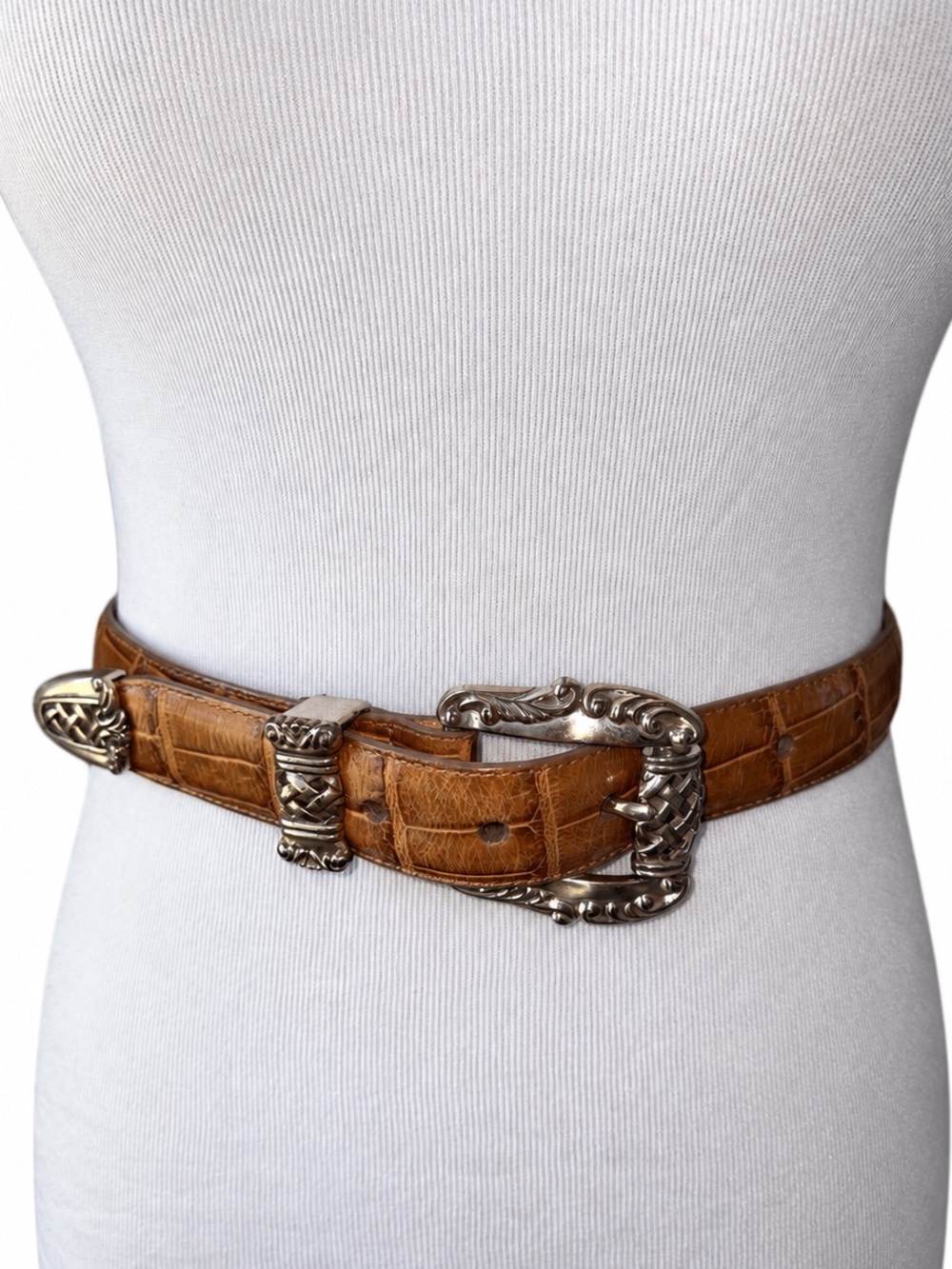 Vintage 90s Brighton Brown Croc Embossed Belt Silver-Tone Buckle Small